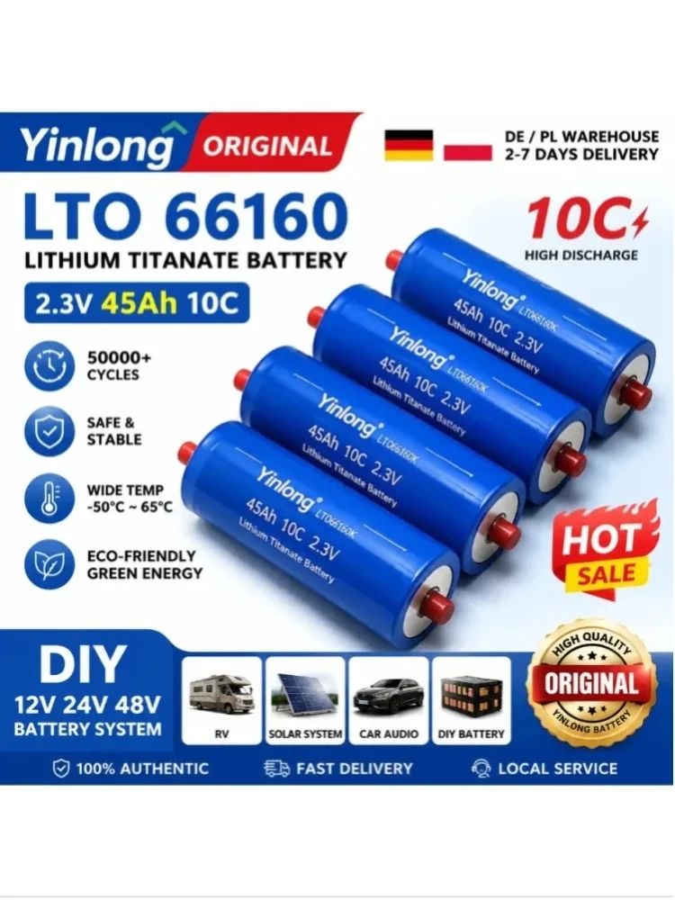 Yinlong 2.3V 45Ah LTO Batterie 66160 Lithium-Titanat Wiederaufladbare Zelle DIY 12V 24V 48V Akku für Solarenergiespeicherung Off-Grid RV Camper EV Golf Cart Marine UPS Backup Schnelles Laden Lange