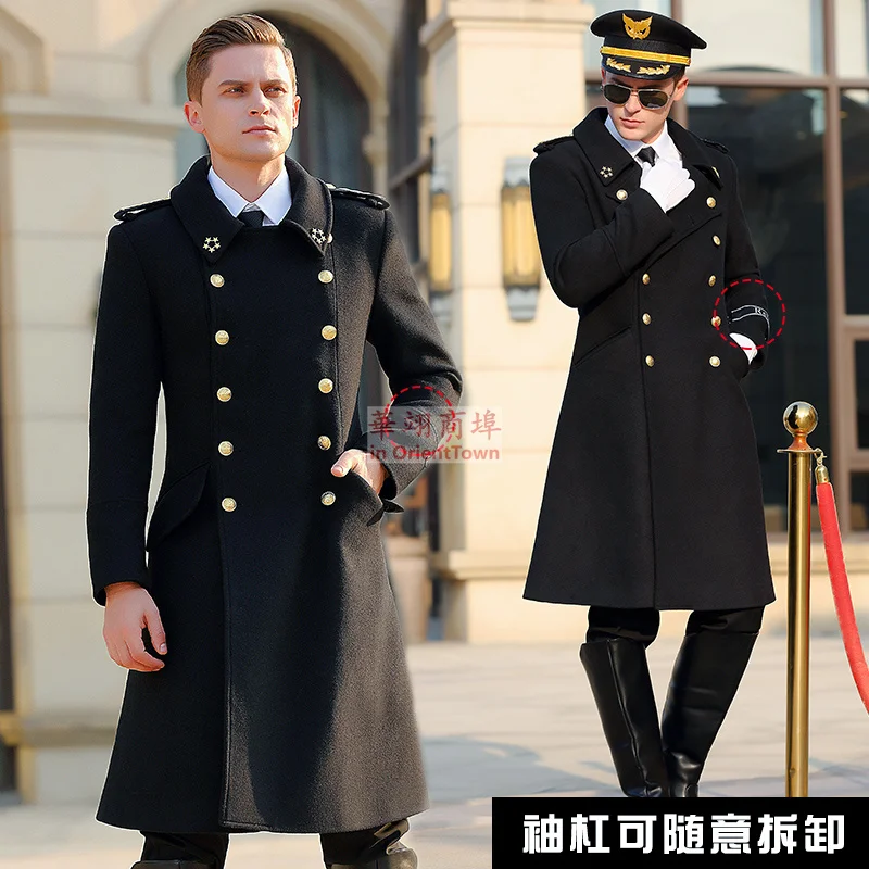 Woolen General Coat Men\'s German Officer Autumn Winter Uniform Mid length Double breasted Black Wool Greatcoat Coat Tops