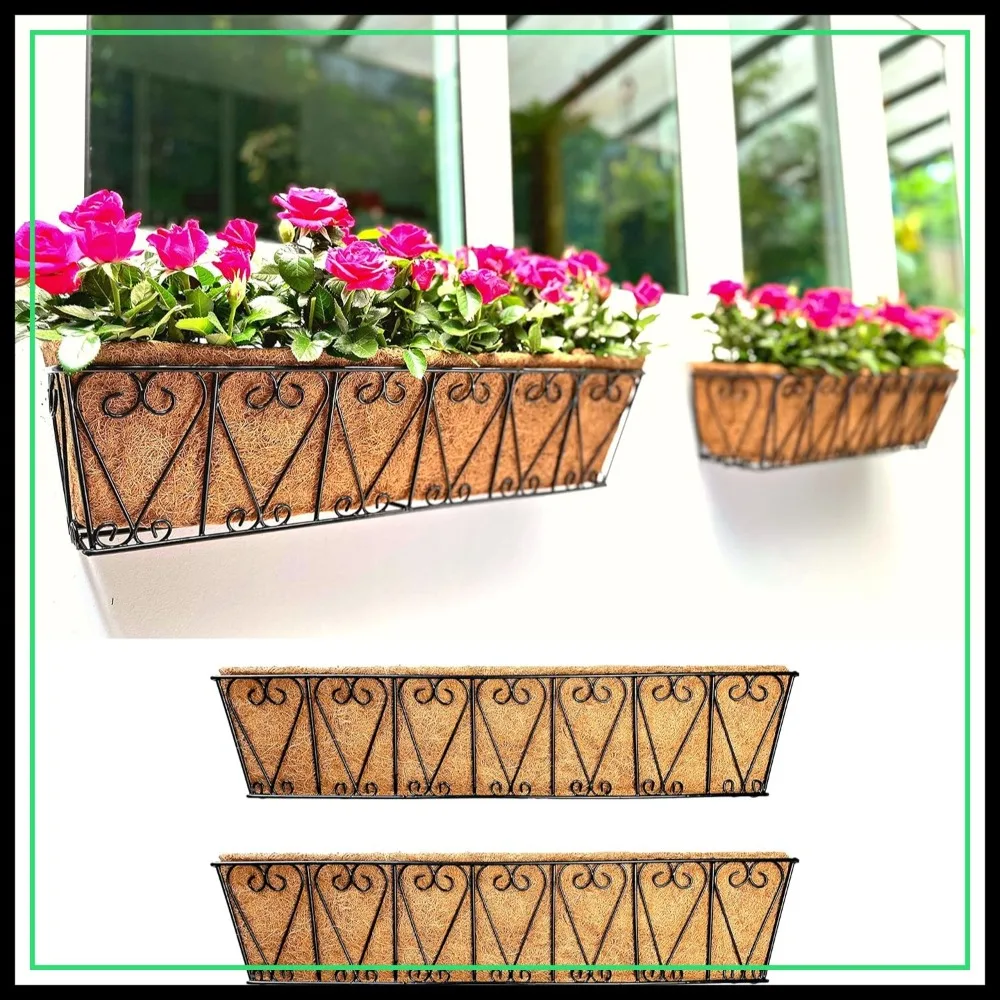 

Outdoor Wall Planters 2 Pack, 30 Inch Deck Railing Hanging Pot, Over the Rail Window Flower Boxes Black Plant Basket with Coco Liner