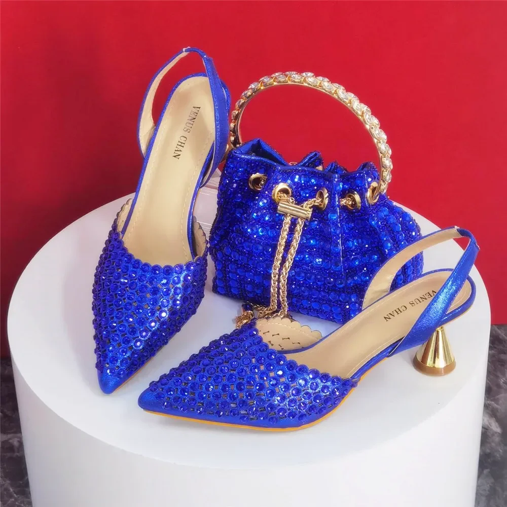 Shiny Gold Rhinestone Shoe & Bucket Bag Set | Pointed Crystal Heels, Womens Lux Wedding Eve Bridal Formal Prom Match Purse Kits