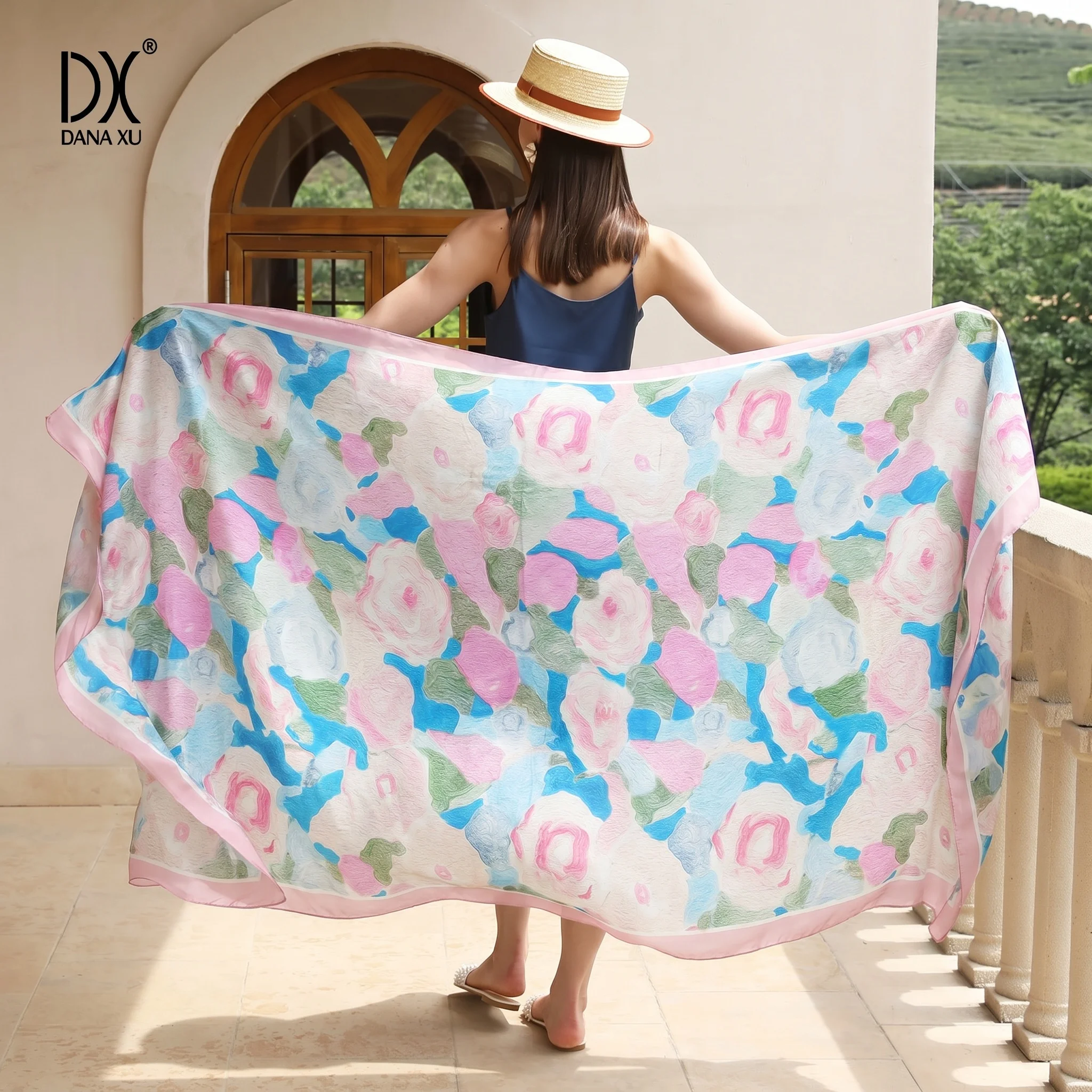Elegant Floral Silk Scarf Women Soft Satin Beach Cover Up 245*110cm Large Shawl Wrap for Ladies Summer Holiday