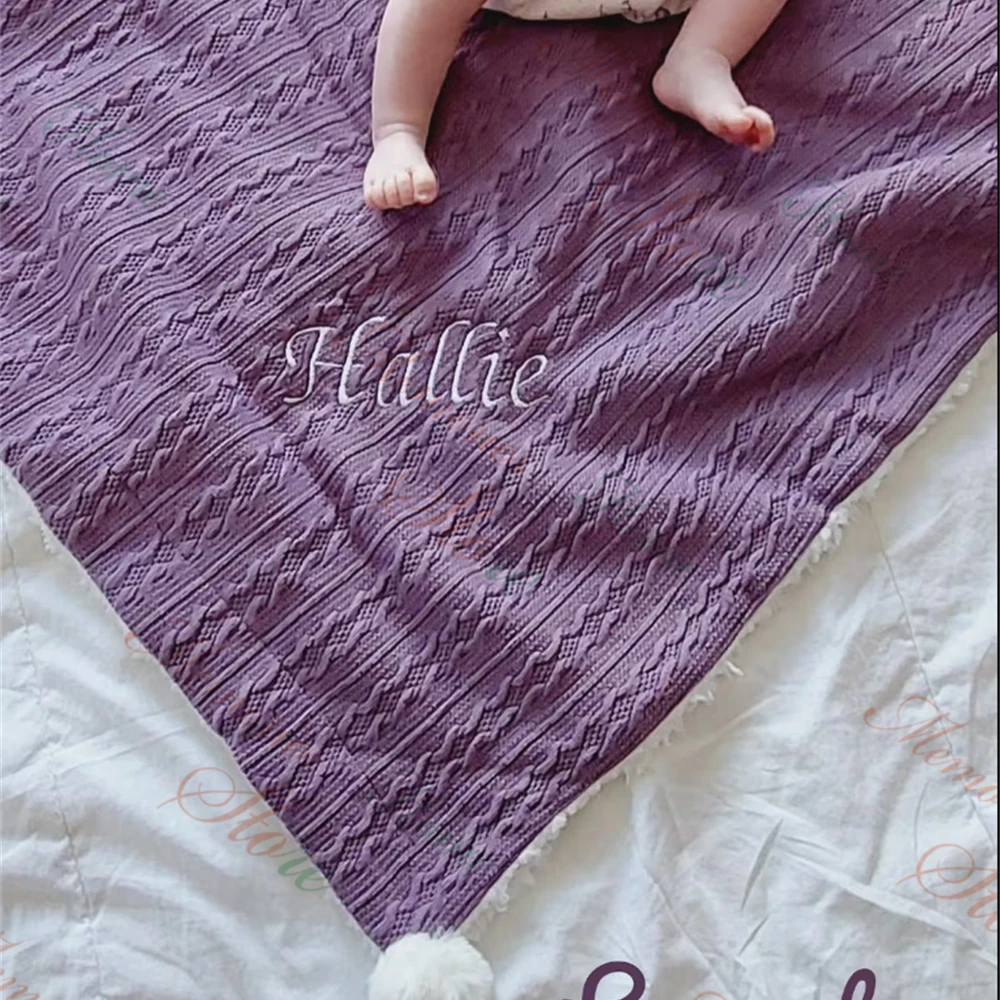 Baby Blanket Custom Embroidered Name Kids Pom Pom Soft Blanket Personalized Name Newborn Baby Shower Party Gift Stroller Blanket