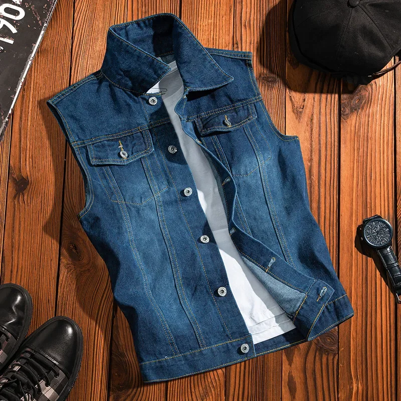 New 2024 Spring Autumn Men Lapel Denim Vest Mens Casual Sleeveless Jeans Jacket Male Streetwear Solid Color Waistcoat