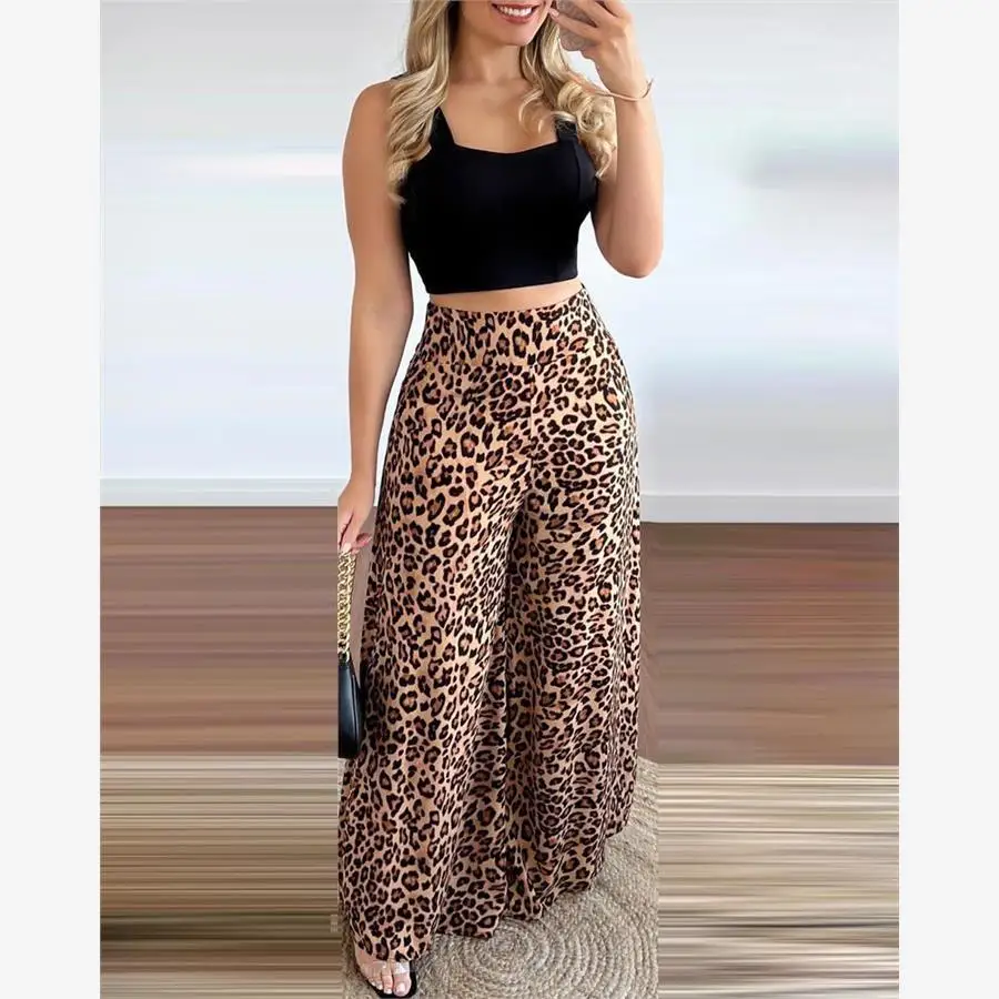 

Leopard Print Tank Top And Wide Leg Pants Set Fashionable Ensemble for Young Women Polyester Fabric Summer Collection