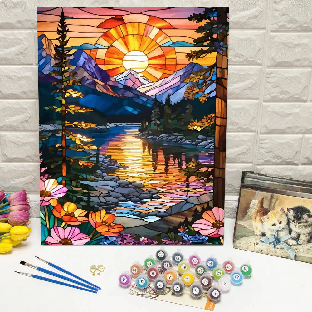 Ölgemälde nach Zahlen, Berglandschaft, DIY, digitale Malerei, Haus, Baum, Landschaft, Bild, Kunsthandwerk auf Leinwand, handgemaltes Geschenk