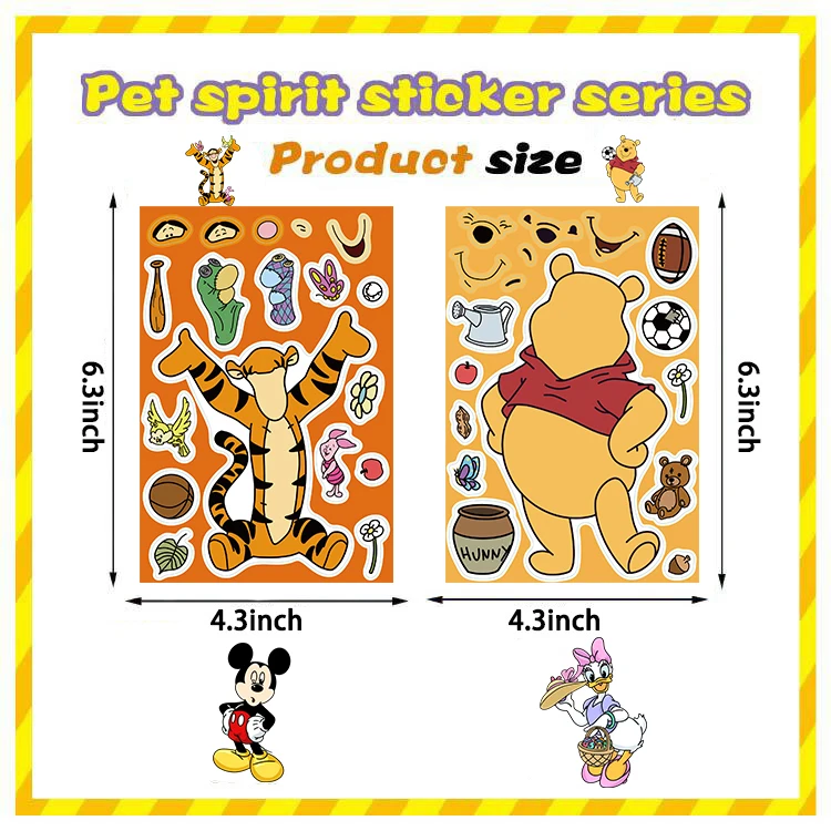 32Sheets Children DIY Puzzle Sticker Disney Mix Character Winnie Mickey Face Assemble Stickers Kids Toys Boys Girls Gifts