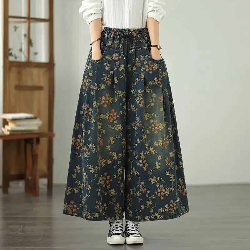 Plus Size Denim Wide-Leg Pants 2026 Autumn Printed Elastic Waist Loose Slim-Fitting Casual Versatile Straight Wide-Leg Pants