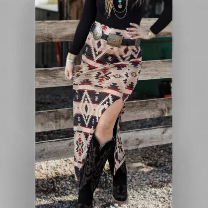 

Женская мода 2025 года в стиле ретро в этническом стиле с принтом в стиле пэчворк, полуюбка с цветными блоками, длинная юбка с разрезом