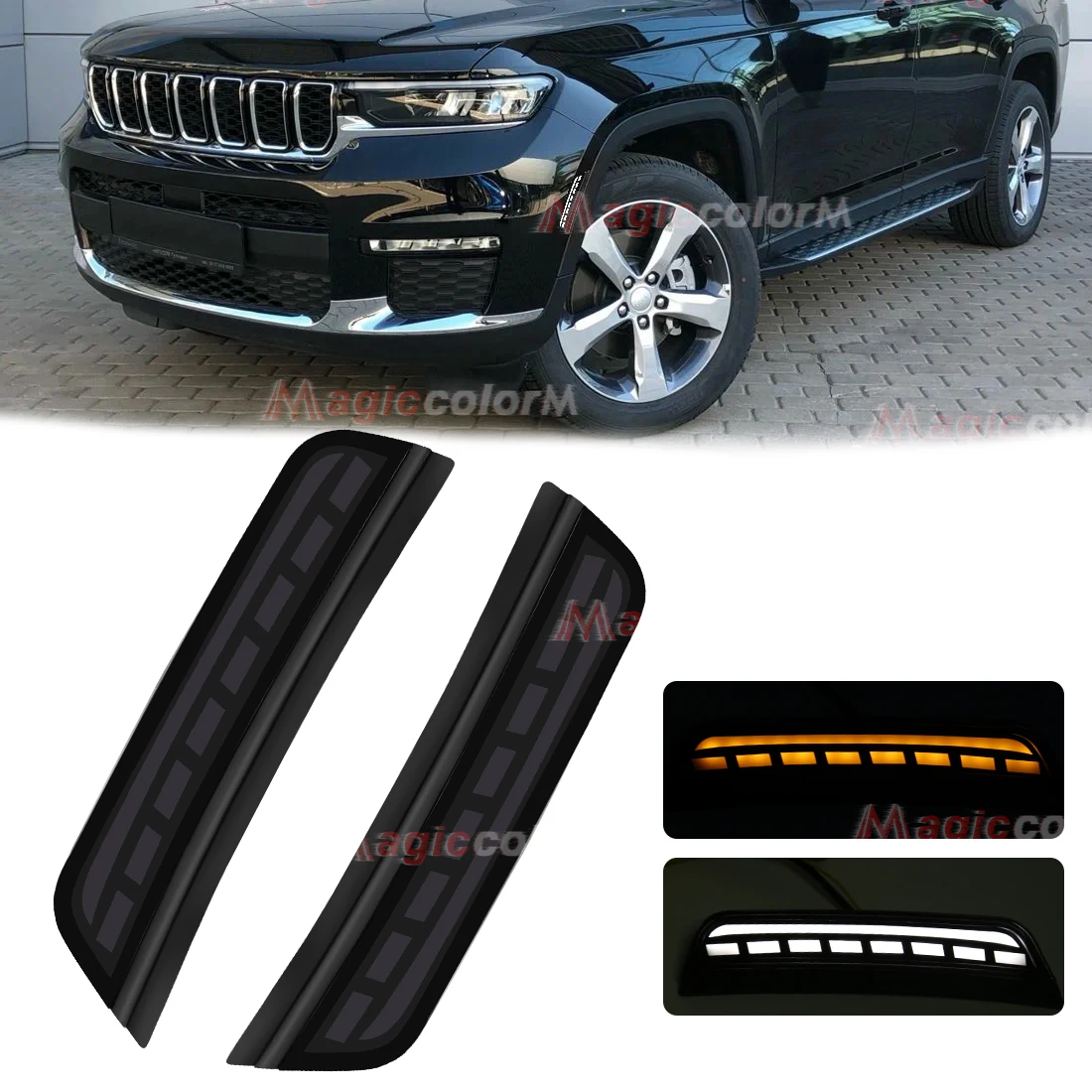 

Светодиодный боковой габаритный фонарь для Grand Cherokee 2021 2022-2024, автомобильная арка колеса, светильник для бровей, переднее крыло, указатель поворота, белый, желтый, 12 В