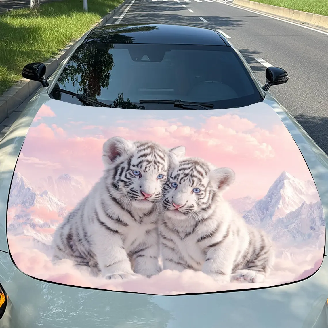 

Car Decals Realistic White Tiger Cubs with a Soft, Pink - Hued Sky and Mountainous Backdrop Car Hood Sticker, Waterproof Self -