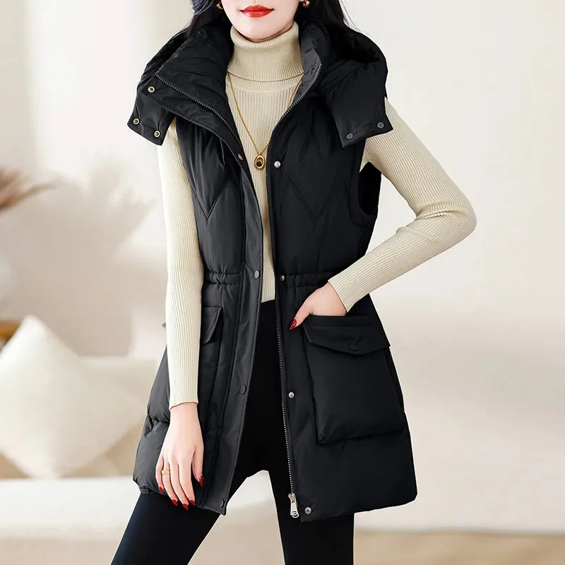 

New Winter Hooded Women Vest Coat Korean Thicken Winter Sleeveless Jackets Female Casual Solid Mid Long Vest Chalecos Para Mujer