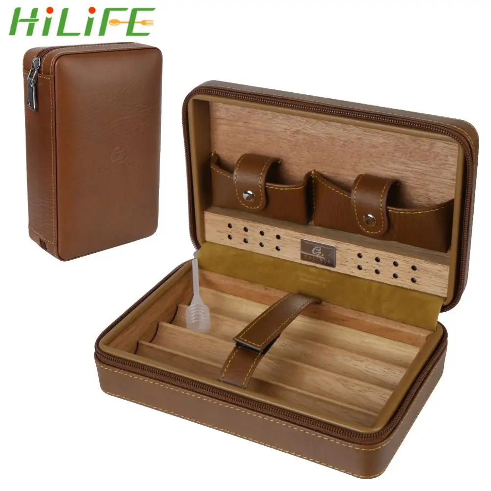 Cedar Wood Cigar Humidor Box for Travel Use Humidifier 4 Cigars Box Humidor PU Leather Cigar Case Storage Smoking Accessories