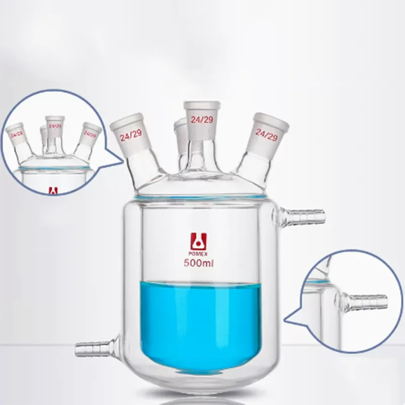 50-10000Ml Dubbele Jacketed Reactor Vier Mond Reactie Kolf Laboratorium Borosilicaatglas Beker