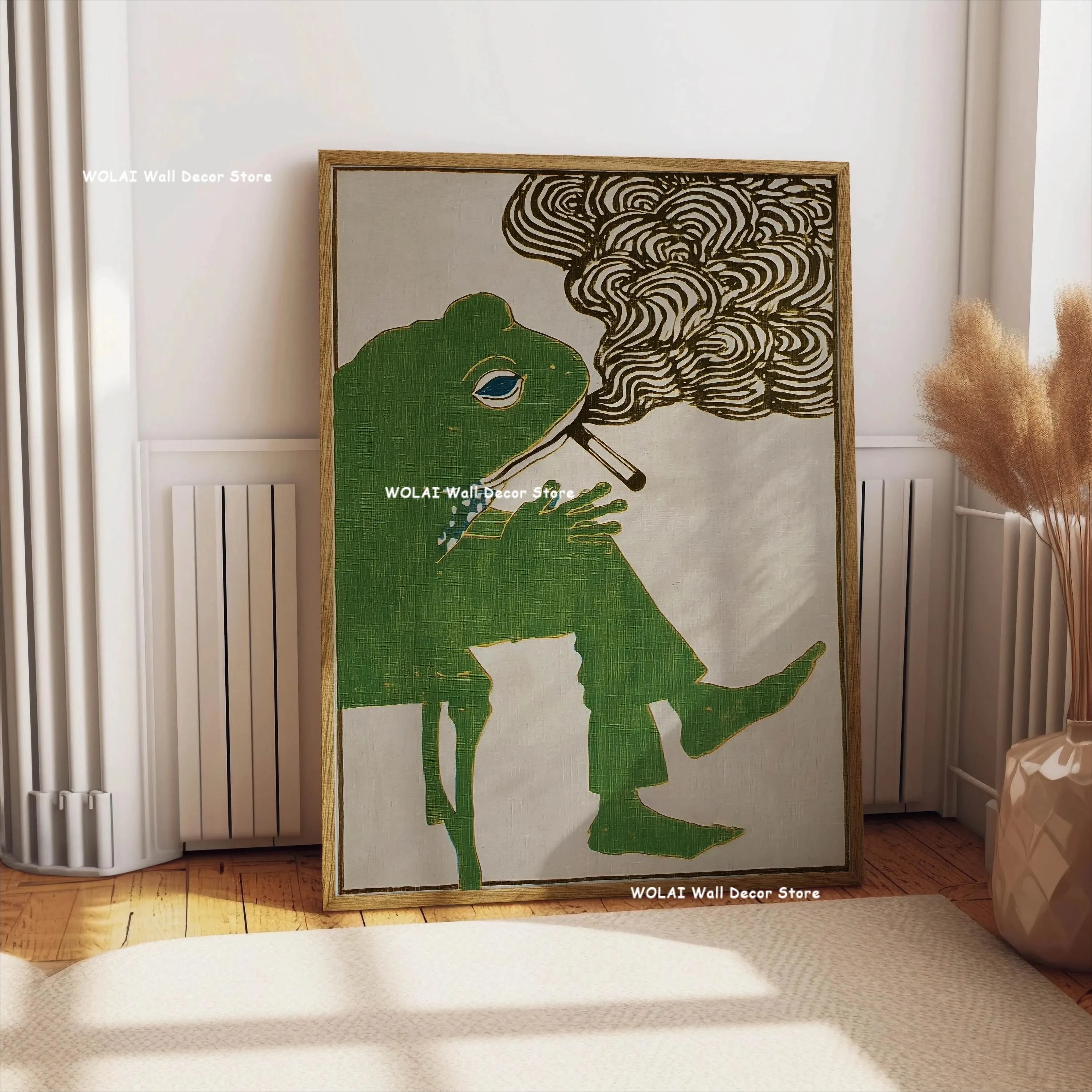 Retro Frog Smoking Cigarette Canvas Print Funny Black Cat Tiger Horse Animal Wall Art Poster for Bar Cart Kitchen Home Decor
