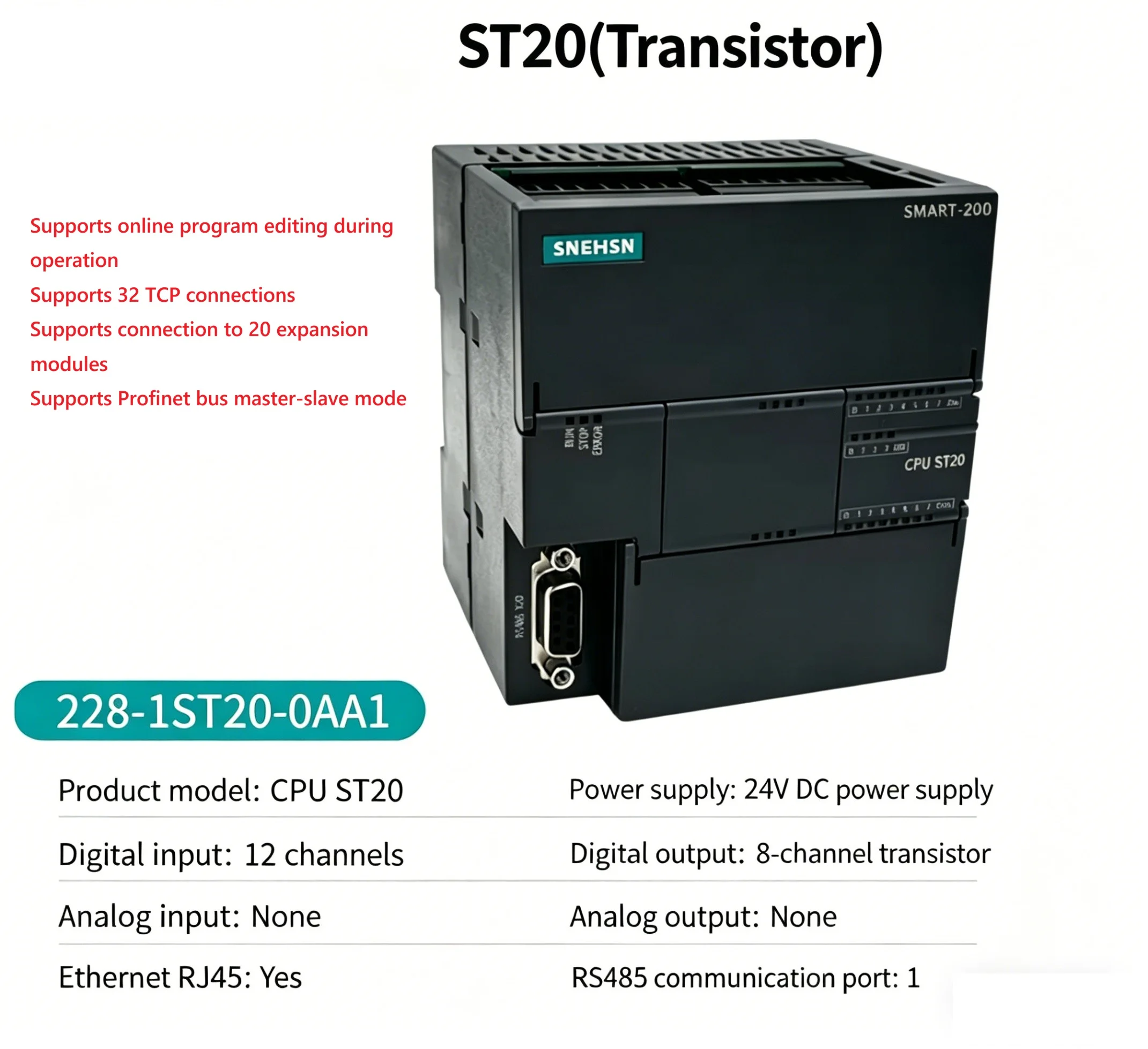 SMART-200 CPU ST20 SR20 PLC Controller, 12DI/8DO, 24V DC, AC220V Profinet, Ethernet RJ45, RS485