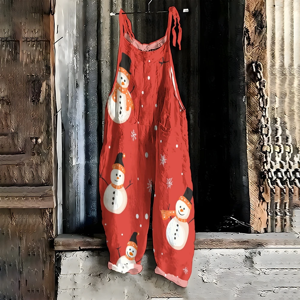 Casual Jumpsuit for Women, Red Snowman, Festive, Christmas, New Year, Atmosphere, Designer, Traf Pants, High Quality