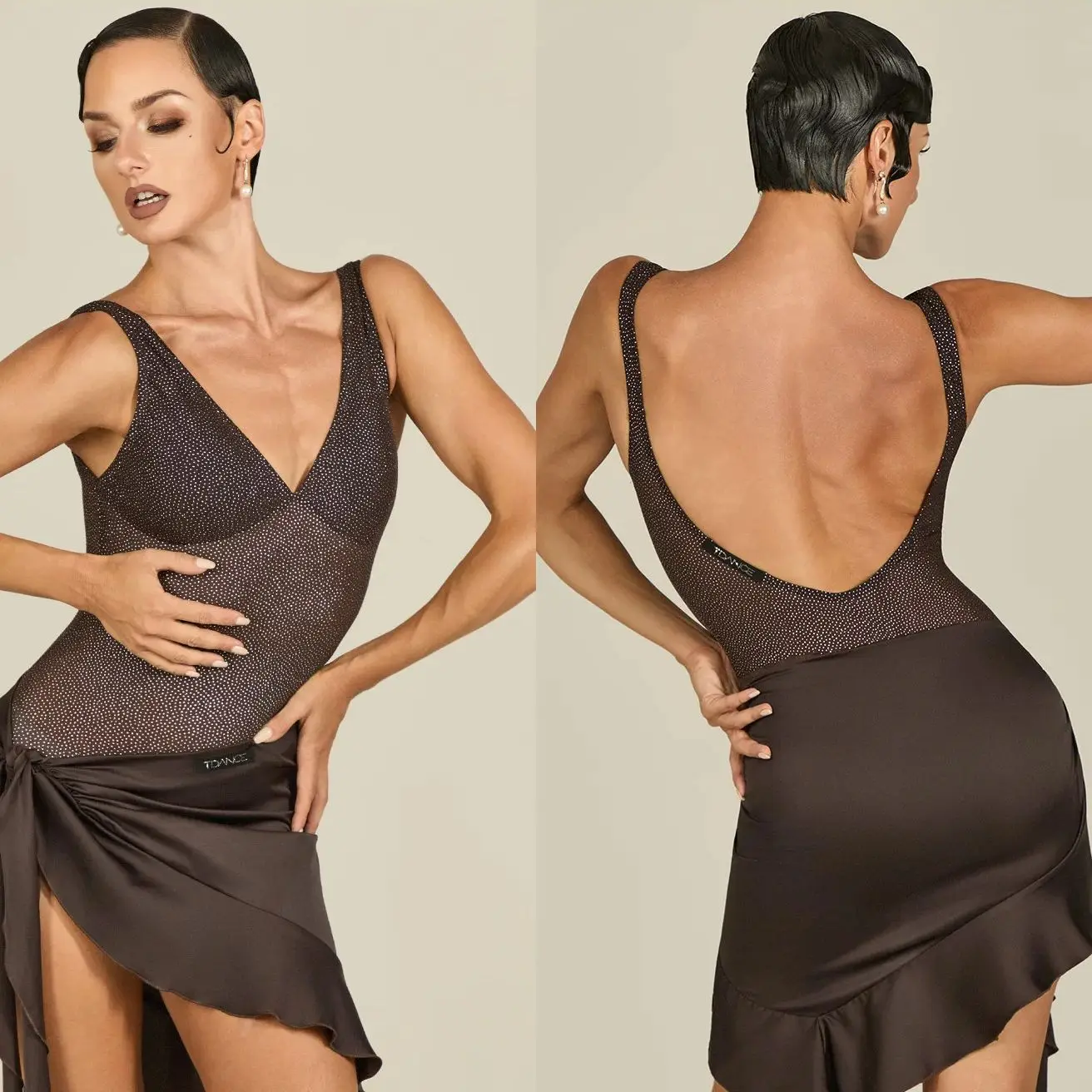 

Новинка 2023 года, костюмы для латинских танцев для женщин, топ с открытой спиной и v-образным вырезом, женская современная тренировочная одежда для латинских танцев чача DQL12369