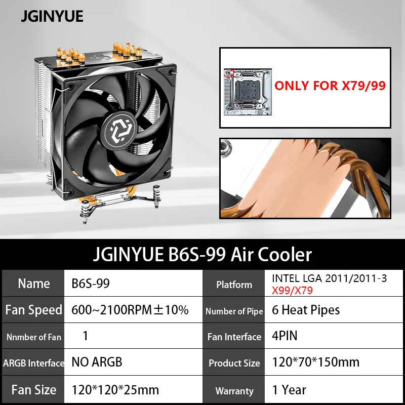 

JGINYUE B6S-99 6 тепловых трубок, воздушный охладитель TDP, процессор 150 Вт для Intel ® Материнская плата X79/X99 LGA2011/2011-3 рекомендует тропические регионы