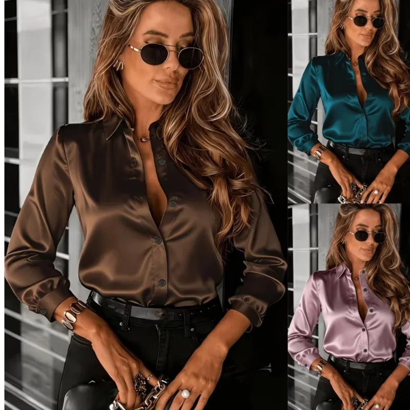 

Spring Blouses New Summer Fashion Commuter Drape Satin Long-sleeved Lapel Casual Shirt For Women Office Tops Solid Clothing 2026