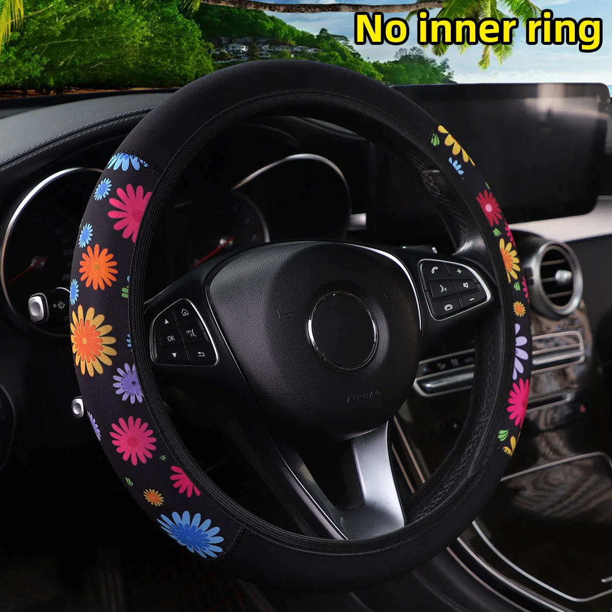 Capa de volante feminina 38cm flor de cerejeira crisântemo verificação aranha web design impresso acessório de carro sem anel interno