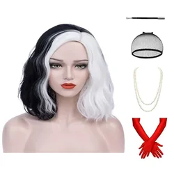 Cruella Deville de Vil White Black Wig for Deville Hair Short Curly Wavy Heat Resistant Cosplay Costume Halloween Wigs