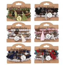 Kadınlar için 4 adet Bohemian boncuklu bilezik seti seni seviyorum mektup yuvarlak kanat püskül Charm elastik zincir bileklik kızlar Boho takı
