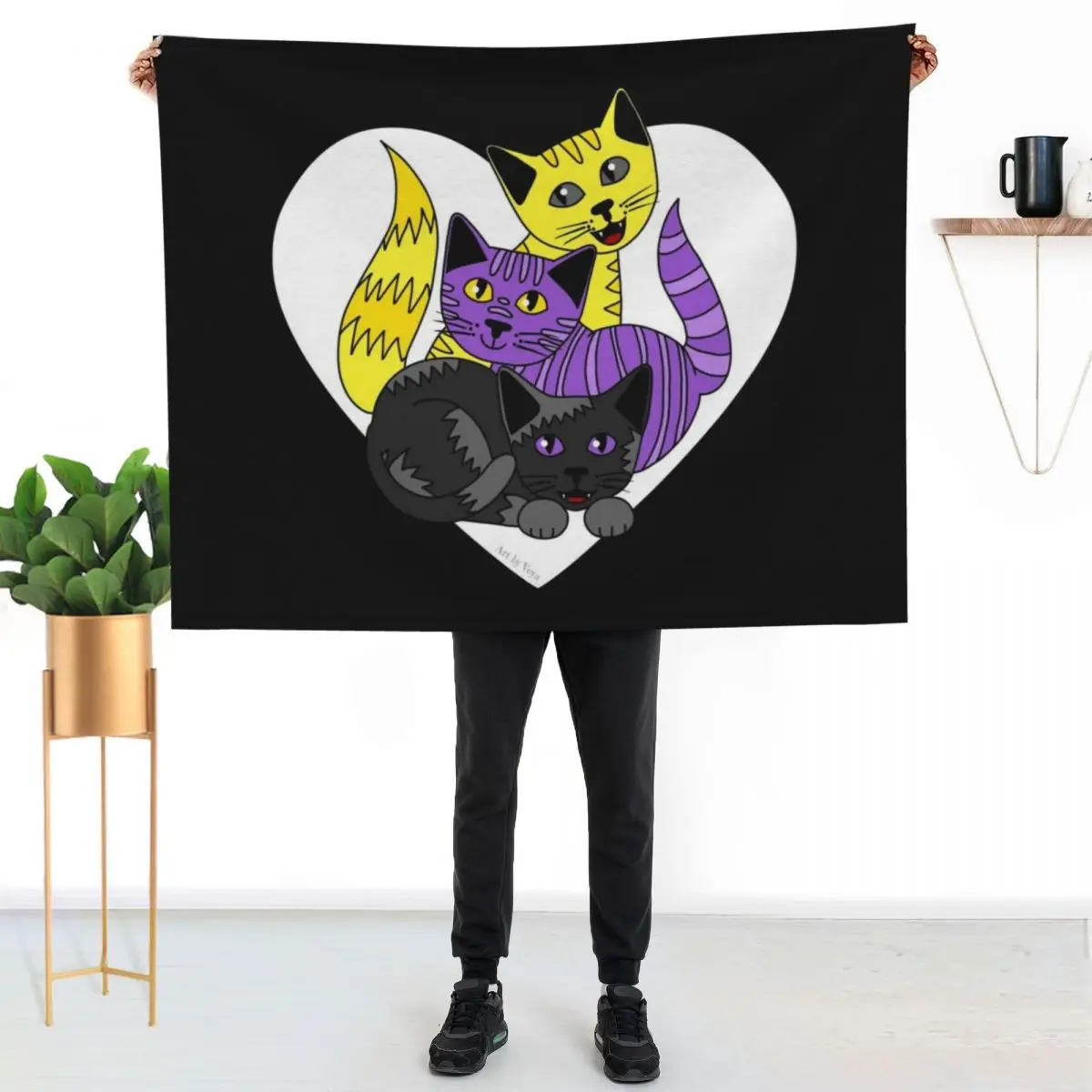 Three Non-binary Kitties Throw Blanket Wrinkle Resistant Lightweight Blanket