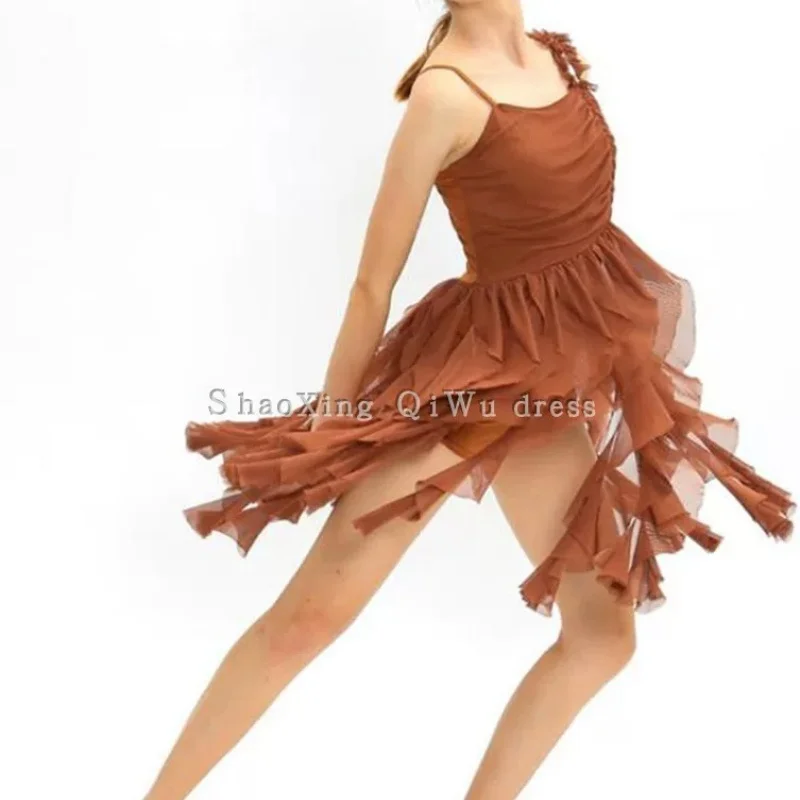 Brown off shoulder lyrical dance costume layered chiffon dress