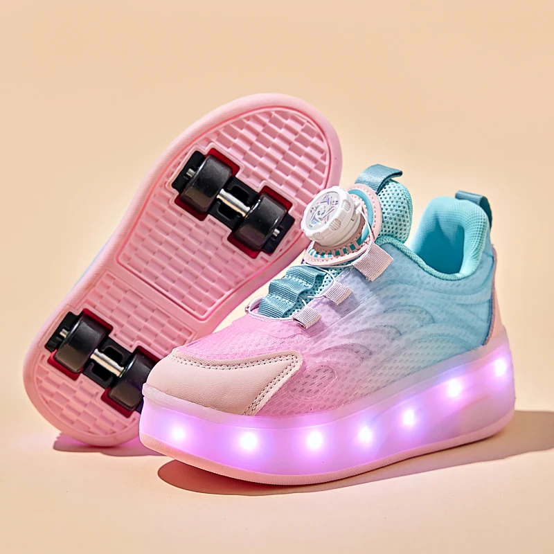 High Quality Skate Shoes for Kids Fashion LED Light Luminous Sneakers Children Two Wheels Shoes for Boys Girls with USB Charging