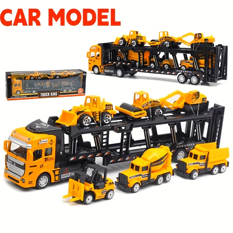 

King of Trucks Alloy Toy Set: 12.6-inch alloy semi-trailer truck with 6 miniature construction vehicles, Ideal birthday gift