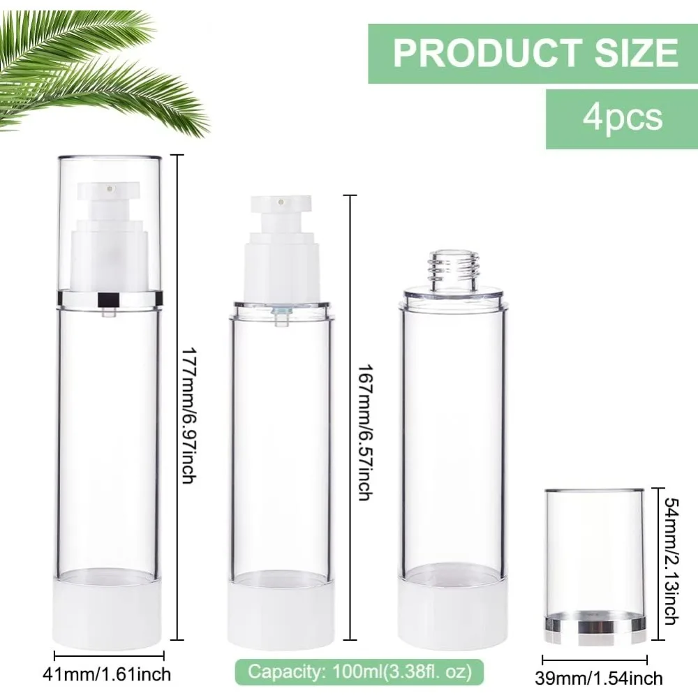 4 Pack 3.4oz/100ml Airless Pump Bottles Vacuum Travel Bottles Refillable Cosmetic Bottles for Lotion Shampoo Foundation