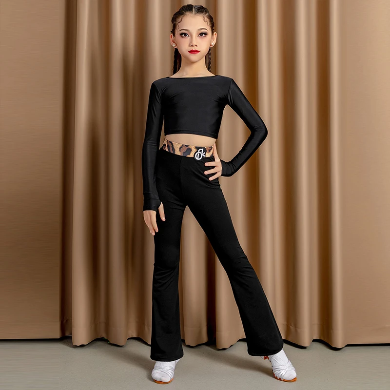 

2025 New Latin Dance Costume Girls Black Long Sleeve Crop Top Practice Dress Waltz Dance Clothing Kids Performance Suit XH2451