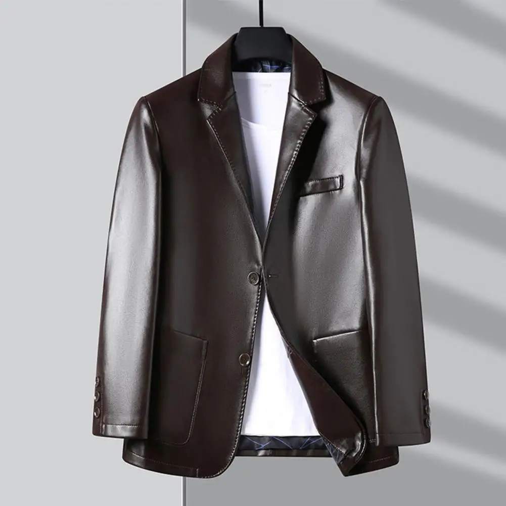 Premium Fabric Men Jacket Stylish Lapel Collar Men\'s Jacket with Button Cuffs Pocket Faux Leather Coat for Outdoor Business