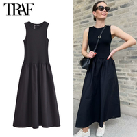 TRAF Black Pleated Long Dresses for Women Knitted Sleeveless Maxi Dress Woman Vintage Party Womens Dresses Spring Casual Dress