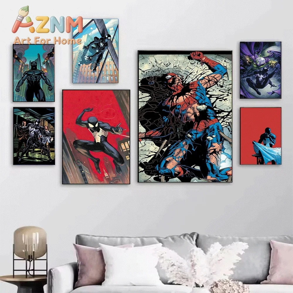 Marvel Spider Man Symbiote Suit Red Background Ink Splash Comic Canvas Wall Art Unframed Canvas Poster Print for Boys Bedroom