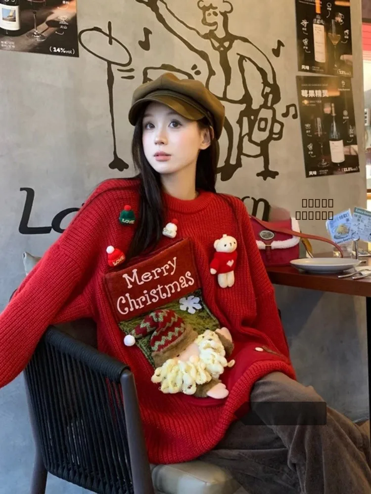 

Red Cisas Sweater Women's Loose Cartoon S Claus Design Winter Faion Casual Knitted Top Comfortable Medium Thi