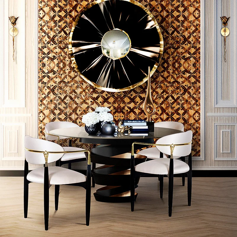 Modern restaurant solid wood leather dining table and chairs villa model room living room leisure chair single chair