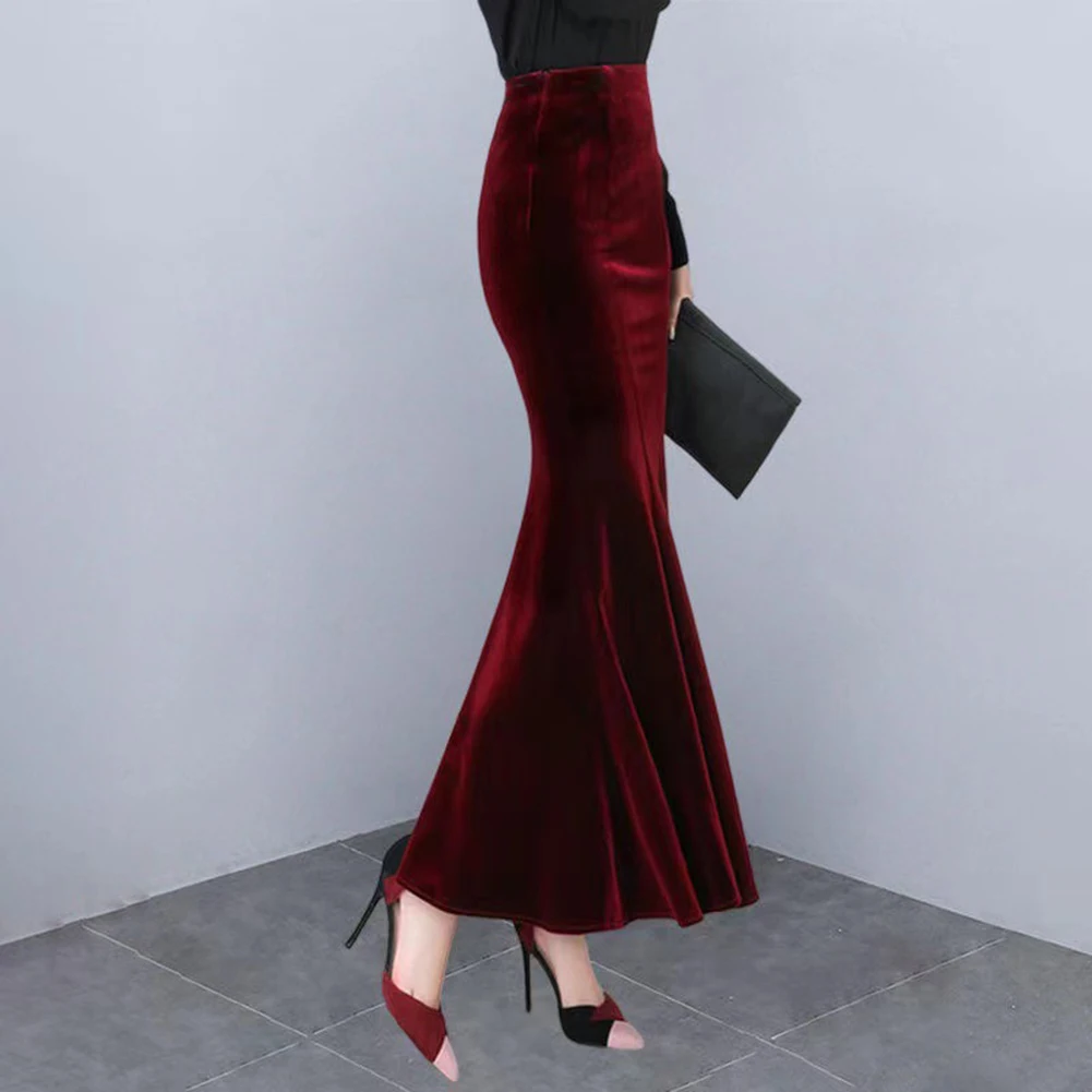 New Womens Velvet Skirt Fashion Slim Mermaid Skirt Solid Color High Waist Long Skirt Ladies' Sexy Elegant Skirt