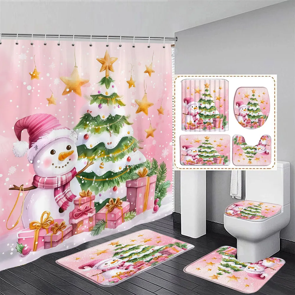 Pink Christmas Shower Curtain Set Cute Snowman Snowflake Plaid Xmas Trees Winter New Year Bathroom Decor Bath Mats Toilet Cover