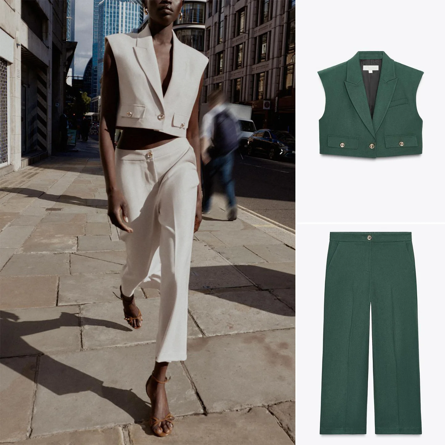 

High Waist Wide Leg Pants Zipper Decoration Sleeveless Collar One Side Pocket Decorated Fashion Set Women's Autumn Wear