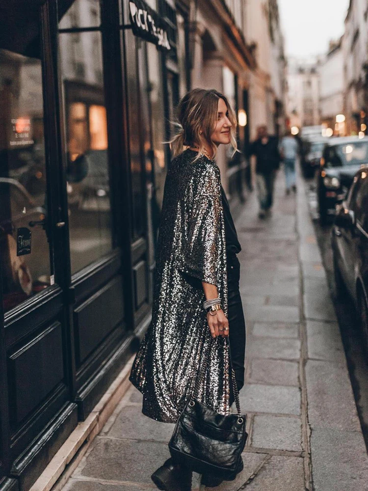 Camicette lunghe con paillettes glitterate donna Shiny Streetwear Club Party Cardigan top manica lunga Sparkle Coat Silk Y2K Robes