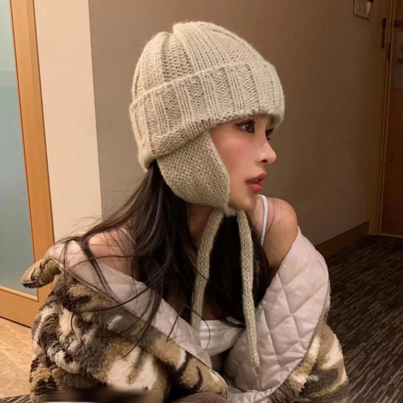 2023 Korea Ins Long Tied Rope Beanies Hat with Earflaps Japanese Outdoor Warm Winter Hat for Women Streetwear Party Funny Hat