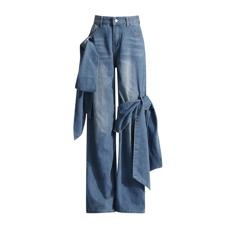 HKSH Women Wide Leg Jeans Washed Distressed Patchwork Bowknot High Waisted High-end Trendy Casual Denim Pants New Spring HK20976