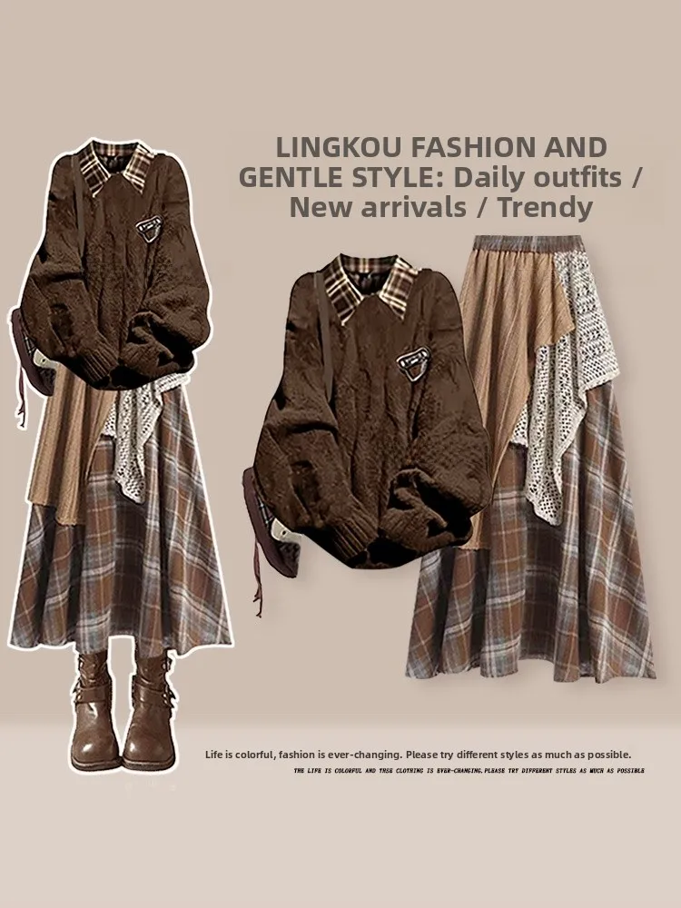 

Casual Large Size Autumn Winter Tee Piece Set Women's Anti-Aging Plaid irt And Sweater High Waist Patchwork Skirt Ensemble