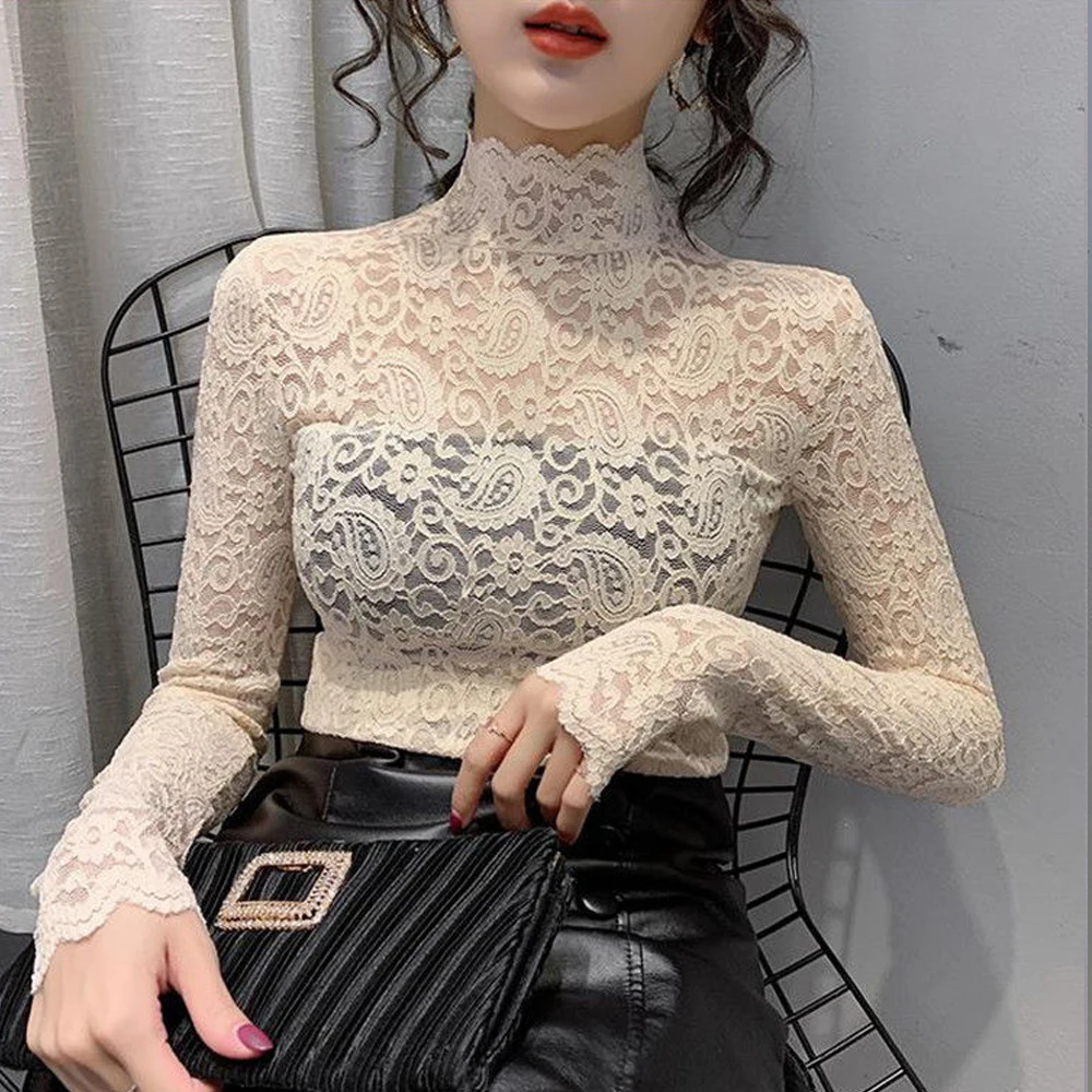 Transparent Lace Blouse Women Mesh O Neck Long Sleeve T Shirt Girl Black White Apricot Color Female Blouses S-2XL Cheaper Tops