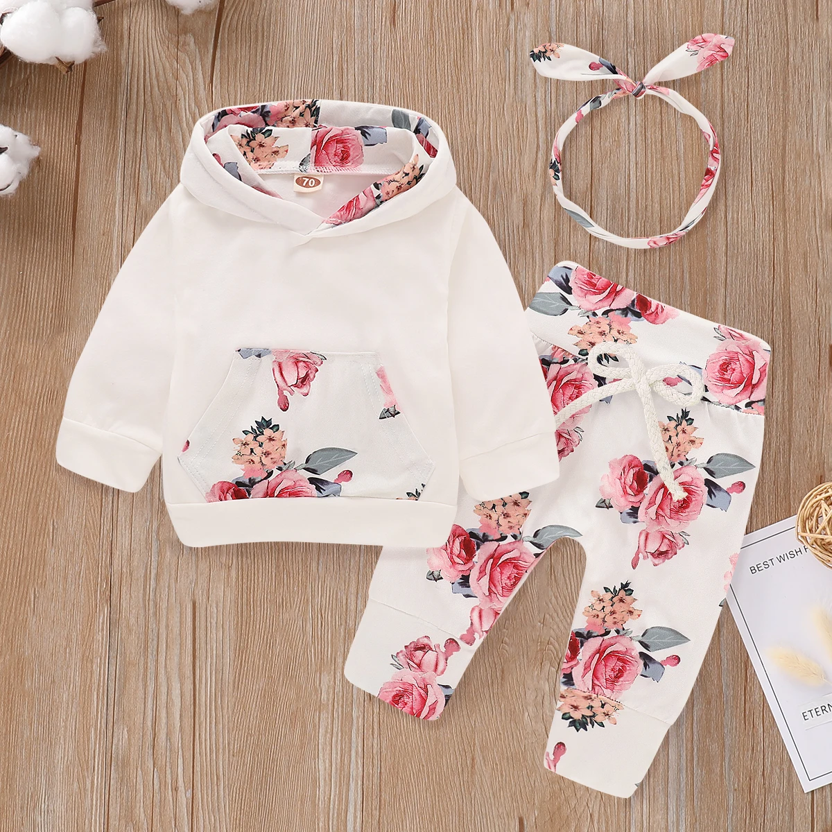 PatPat 3pcs Baby Girl 95% Cotton Long-sleeve Hoodie and Floral Print Pants with Headband Set