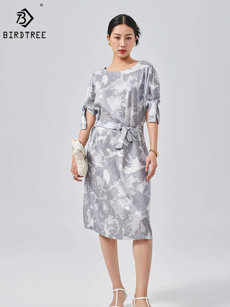 

Birdtree 90%Mulberry Silk Print Dress Loose And Elegant Round Neck Short Sleeve Streamer Commute Cocoon Skirt Woman New D39313QD