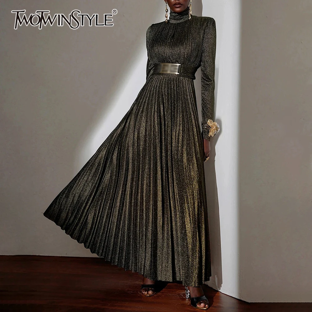 

TWOTWINSTYLE, утягивающее платье с поясом, темпераментные платья для женщин, платье с высоким воротом и длинными рукавами, лоскутное платье со складками, женская одежда, новинка