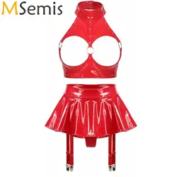 Womens patente de couro de duas peças conjunto de lingerie fio-livre aberto copo sutiã superior com plissado embutido tangas liga cinto mini saia