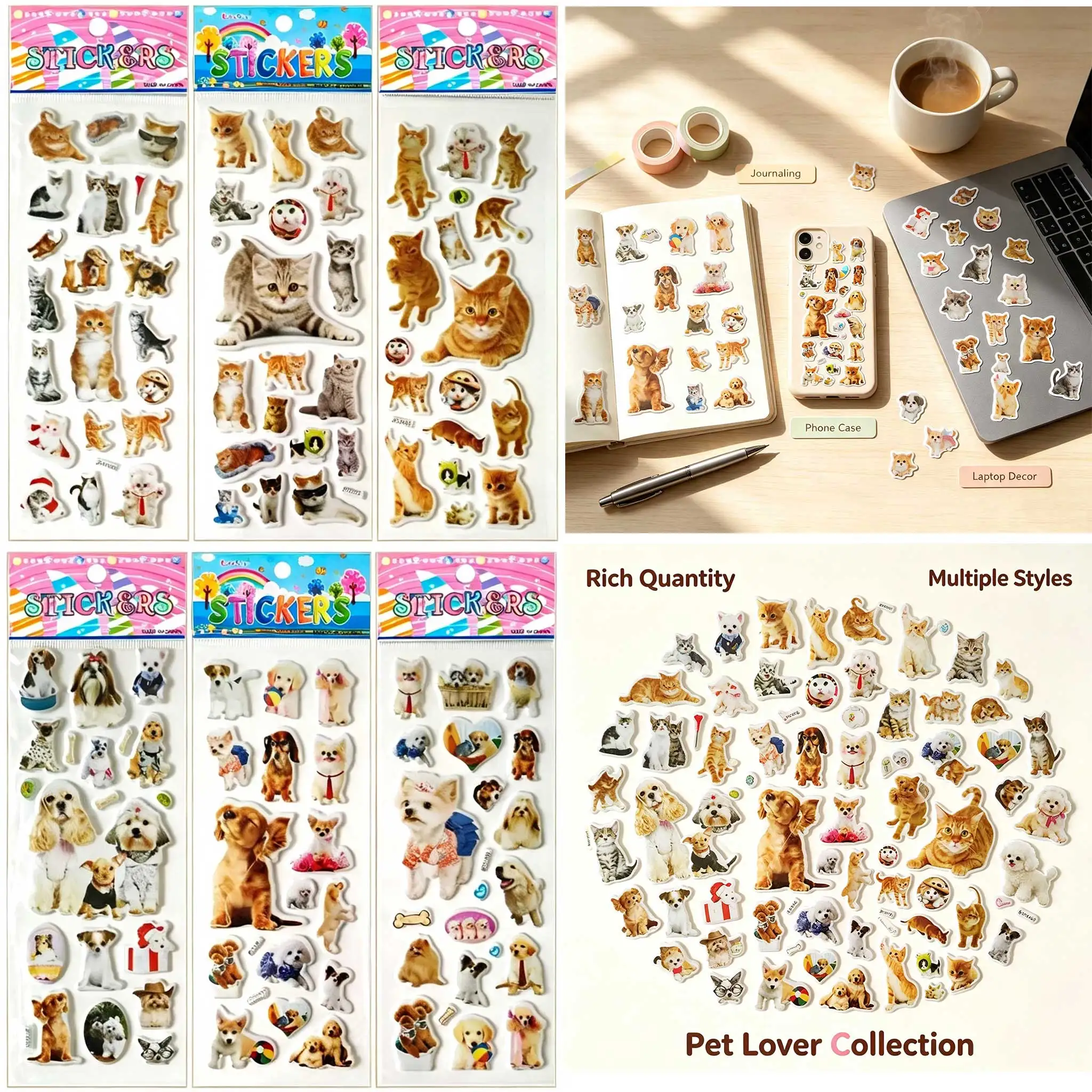 6/12 Sheets Lifelike Kitten Puppy 3D Stickers, Embossed Pet Bubble Stickers for Notebook Pad Laptop Water Bottle Decoration GYH